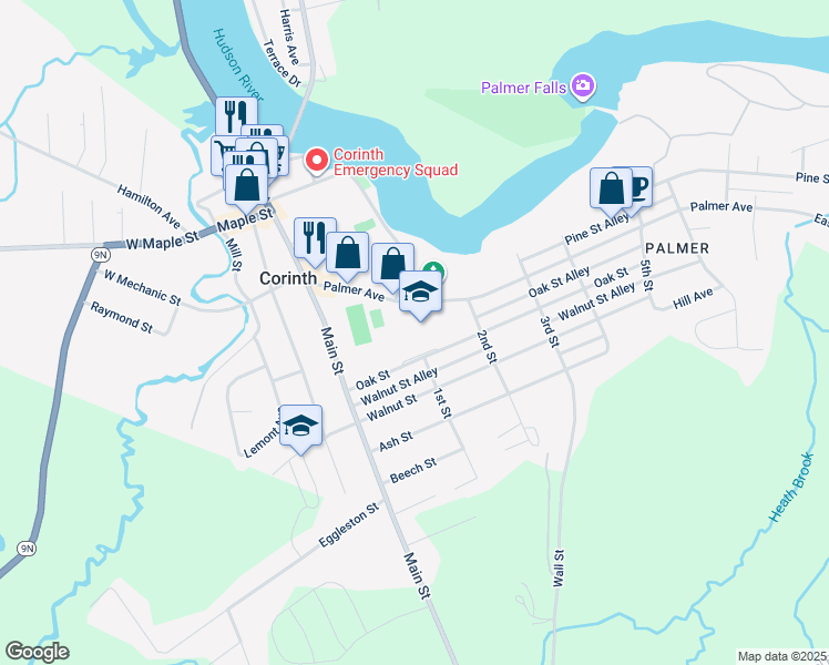 map of restaurants, bars, coffee shops, grocery stores, and more near 105 Oak Street in Corinth