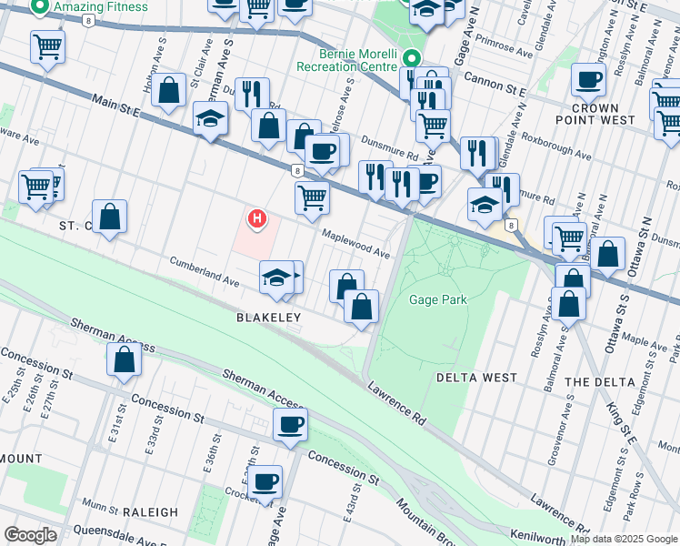 map of restaurants, bars, coffee shops, grocery stores, and more near 198 Balsam Avenue South in Hamilton