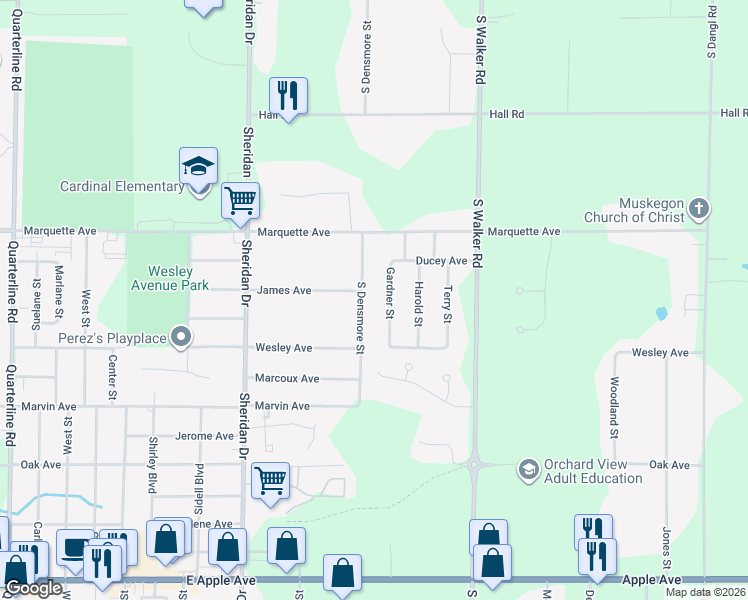 map of restaurants, bars, coffee shops, grocery stores, and more near 489 Gardner Street in Muskegon