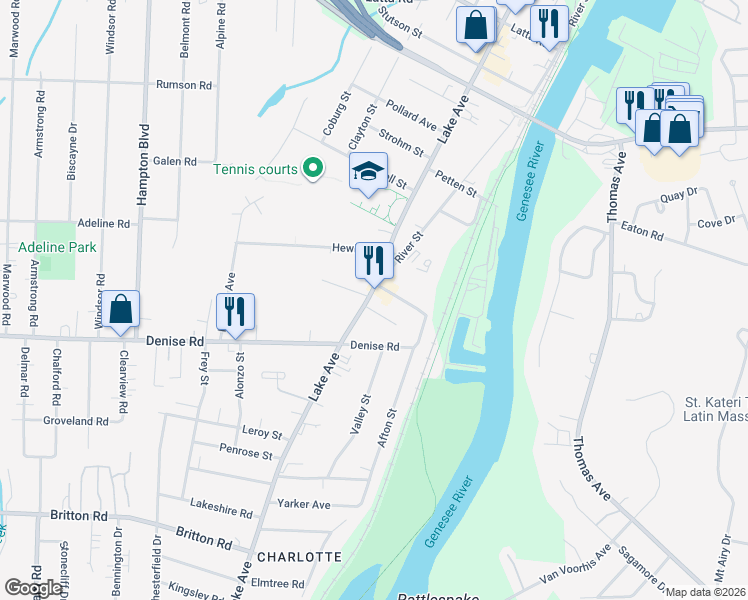map of restaurants, bars, coffee shops, grocery stores, and more near 4005 Lake Avenue in Rochester