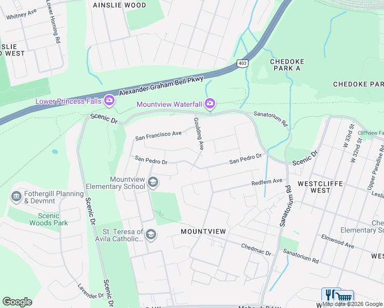 map of restaurants, bars, coffee shops, grocery stores, and more near 9 San Fernando Drive in Hamilton