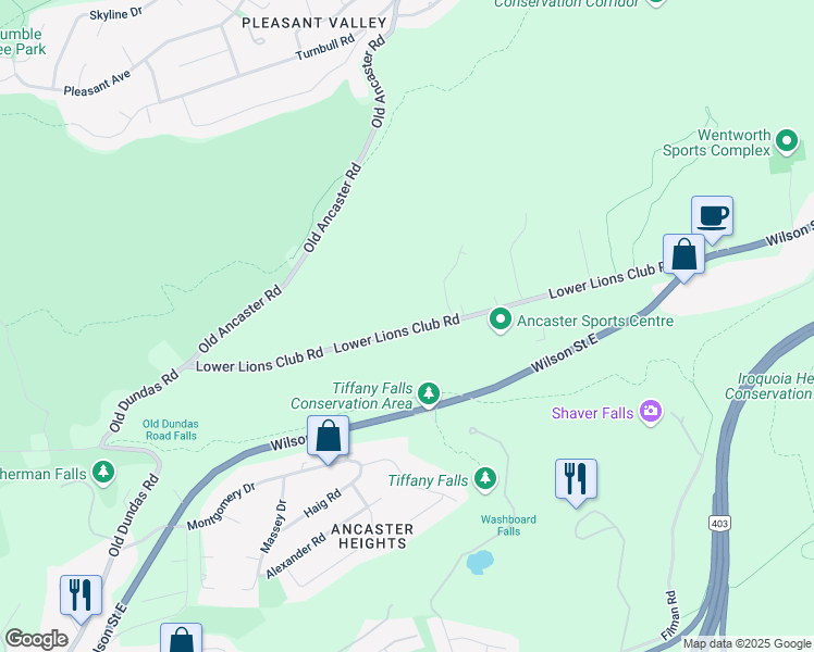 map of restaurants, bars, coffee shops, grocery stores, and more near 925 Lower Lions Club Road in Hamilton
