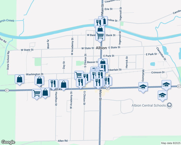 map of restaurants, bars, coffee shops, grocery stores, and more near 150 South Liberty Street in Albion