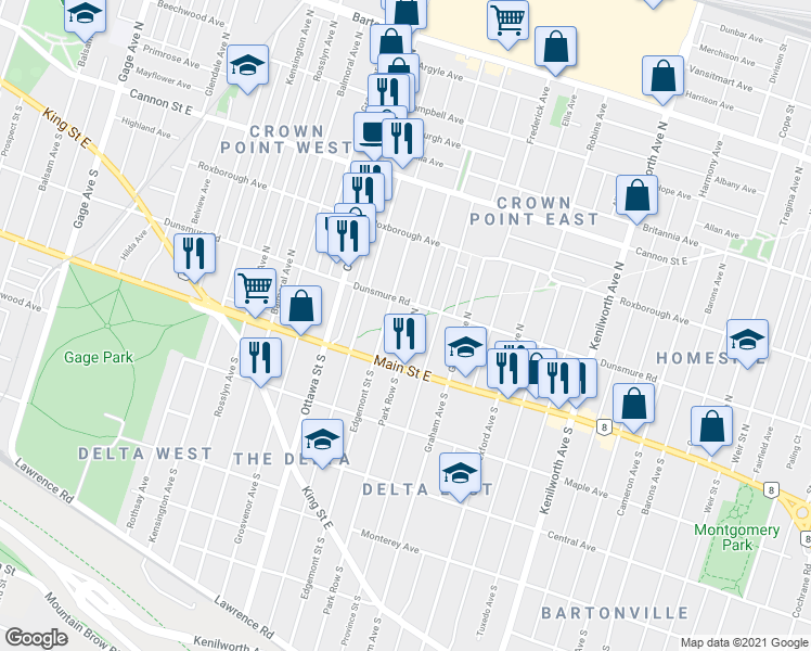map of restaurants, bars, coffee shops, grocery stores, and more near 41 Park Row North in Hamilton