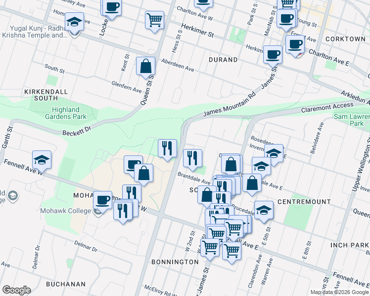 map of restaurants, bars, coffee shops, grocery stores, and more near 55 West 5th Street in Hamilton