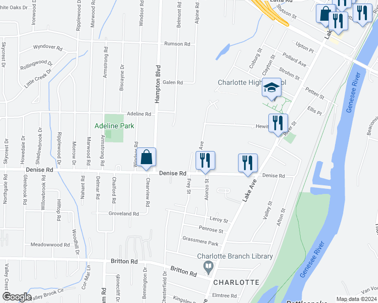map of restaurants, bars, coffee shops, grocery stores, and more near 61 Kintz Street in Rochester