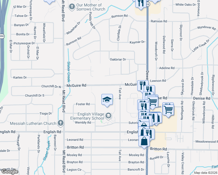 map of restaurants, bars, coffee shops, grocery stores, and more near 184 McGuire Road in Rochester