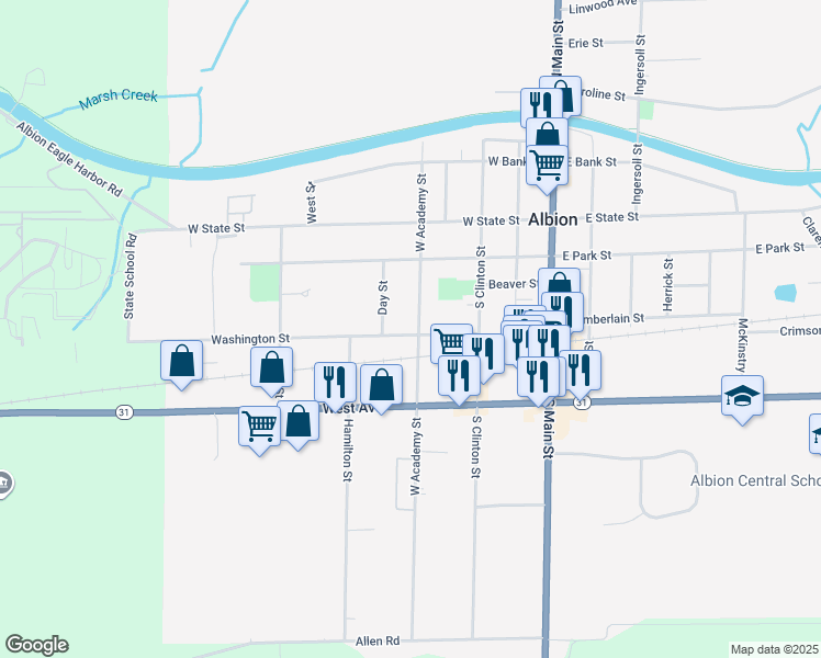 map of restaurants, bars, coffee shops, grocery stores, and more near 128 West Academy Street in Albion