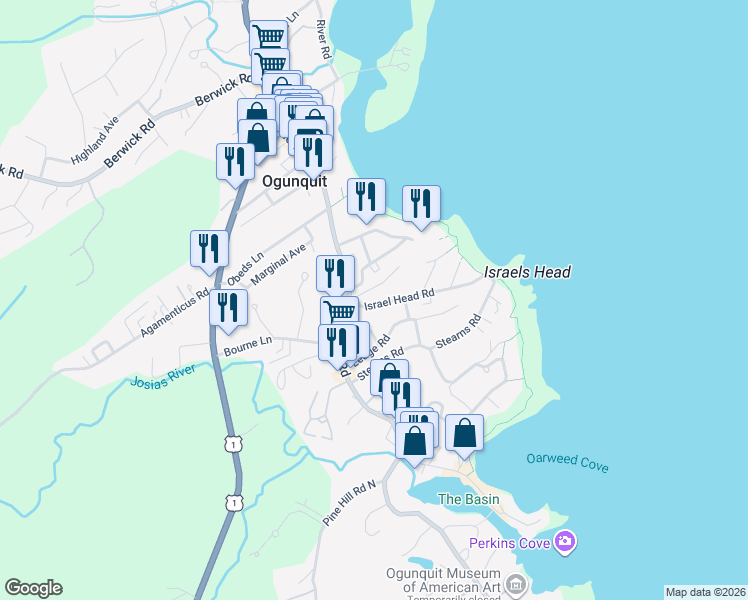 map of restaurants, bars, coffee shops, grocery stores, and more near 77 Israel Head Road in Ogunquit