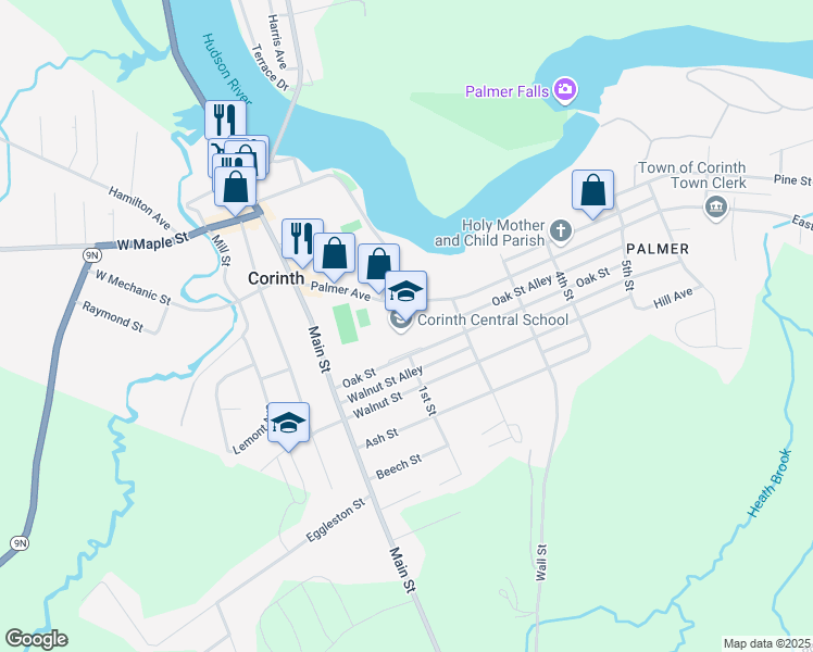 map of restaurants, bars, coffee shops, grocery stores, and more near 105 Oak Street in Corinth