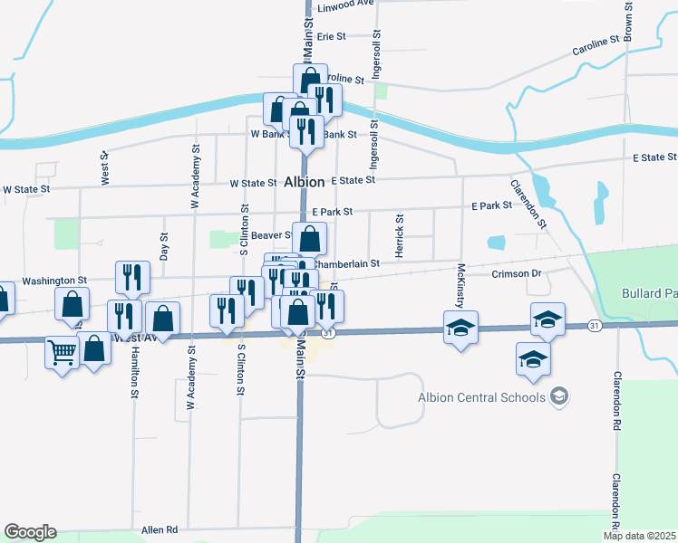 map of restaurants, bars, coffee shops, grocery stores, and more near 102 Chamberlain Street in Albion