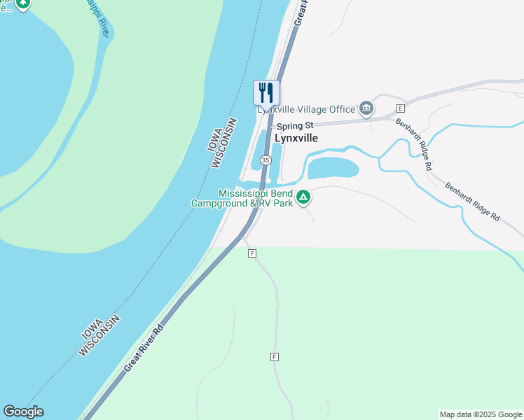 map of restaurants, bars, coffee shops, grocery stores, and more near 185 Hillside Drive in Lynxville