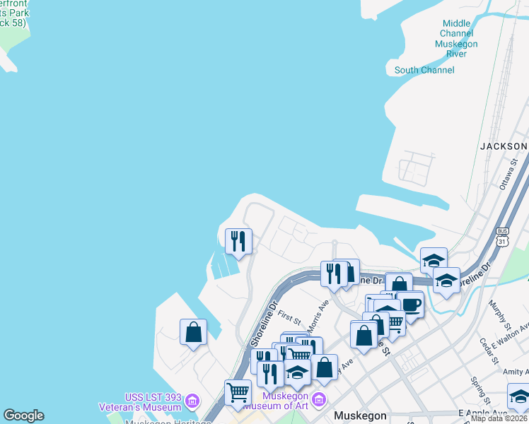 map of restaurants, bars, coffee shops, grocery stores, and more near 314 Terrace Point Circle in Muskegon