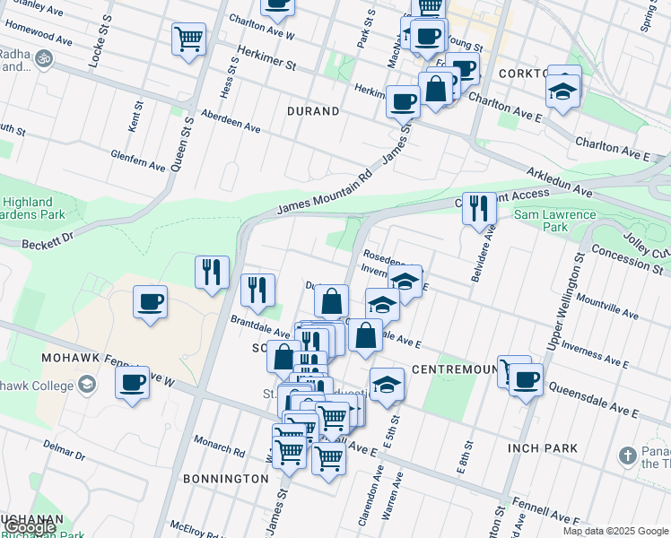 map of restaurants, bars, coffee shops, grocery stores, and more near 17 Inverness Avenue West in Hamilton