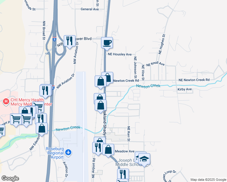map of restaurants, bars, coffee shops, grocery stores, and more near 469 Northeast Sterling Drive in Roseburg