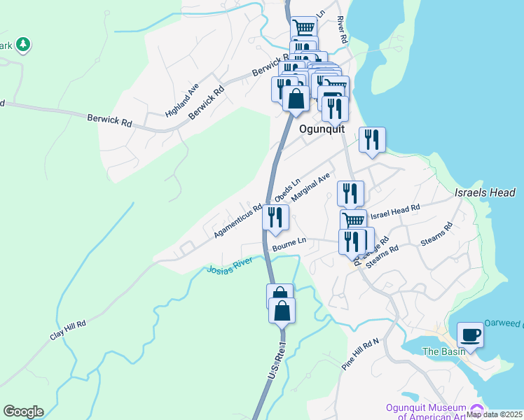 map of restaurants, bars, coffee shops, grocery stores, and more near 87 Main Street in Ogunquit