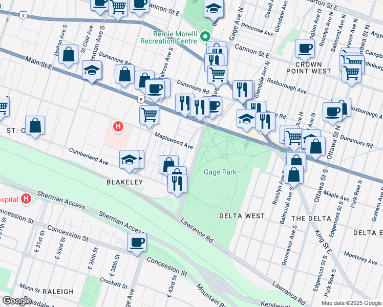 map of restaurants, bars, coffee shops, grocery stores, and more near 220 Maplewood Avenue in Hamilton