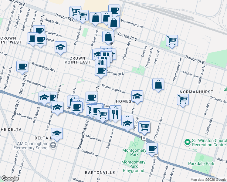 map of restaurants, bars, coffee shops, grocery stores, and more near 121 Cameron Avenue North in Hamilton