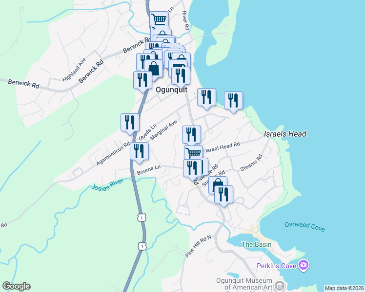map of restaurants, bars, coffee shops, grocery stores, and more near 26 Morrison Lane in Ogunquit