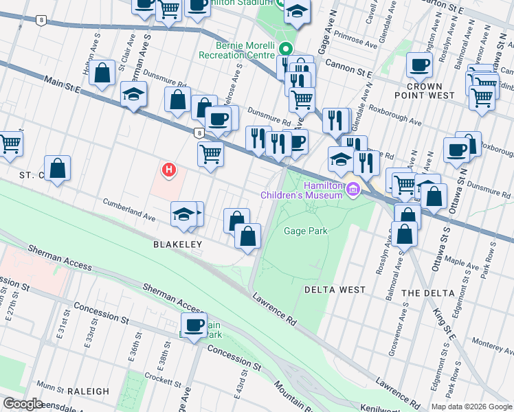 map of restaurants, bars, coffee shops, grocery stores, and more near 220 Maplewood Avenue in Hamilton