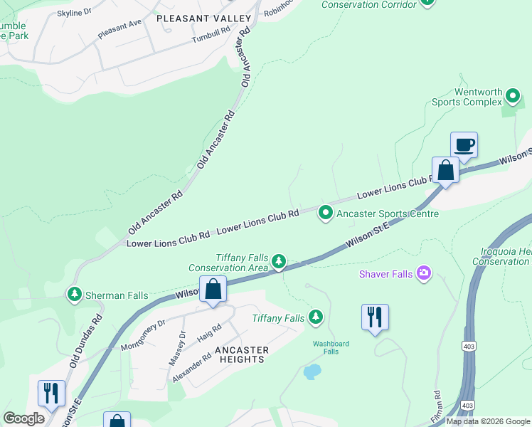 map of restaurants, bars, coffee shops, grocery stores, and more near 925 Lower Lions Club Road in Hamilton