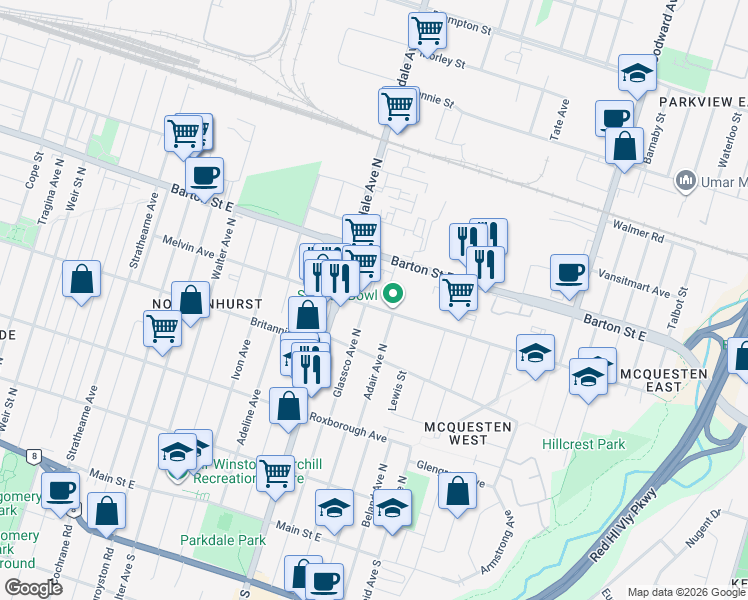 map of restaurants, bars, coffee shops, grocery stores, and more near 221 Melvin Avenue in Hamilton
