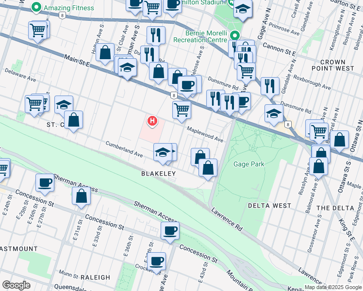 map of restaurants, bars, coffee shops, grocery stores, and more near 227 Prospect Street South in Hamilton