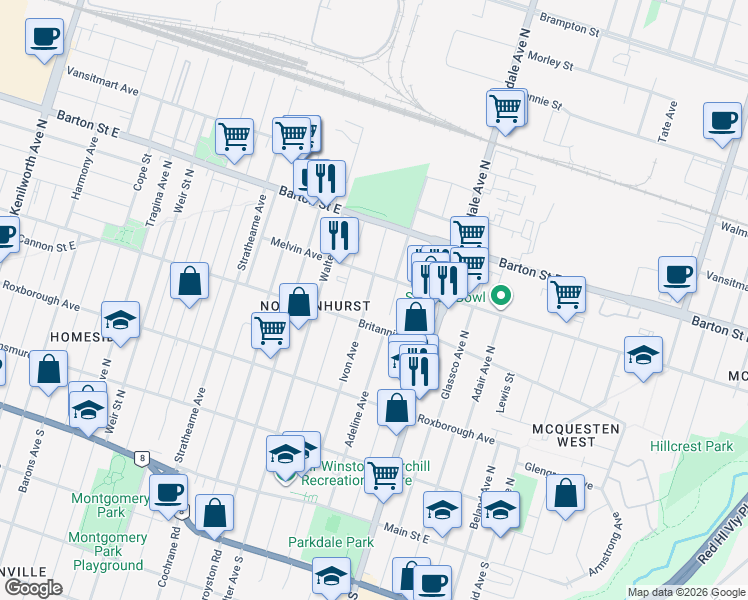 map of restaurants, bars, coffee shops, grocery stores, and more near in Hamilton
