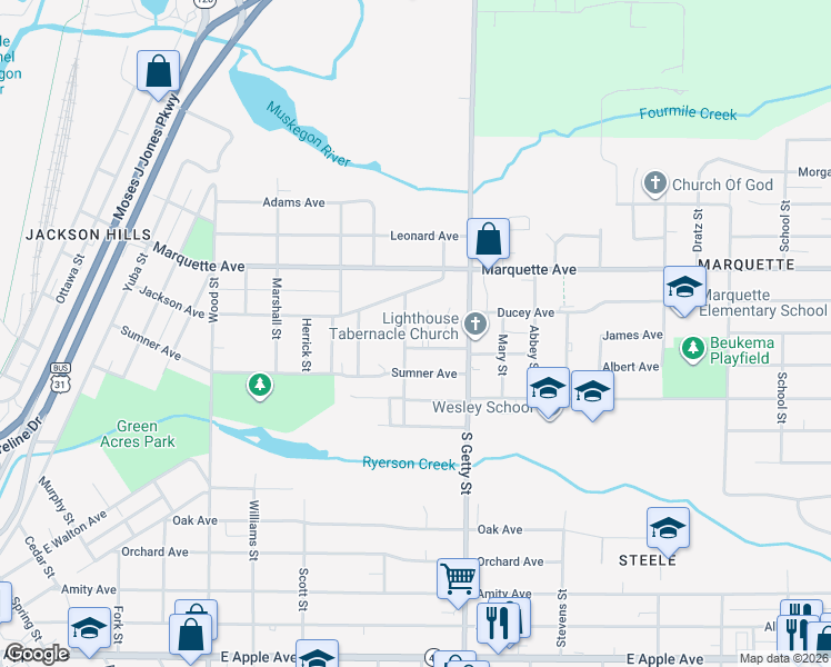 map of restaurants, bars, coffee shops, grocery stores, and more near 498 Mulder Street in Muskegon