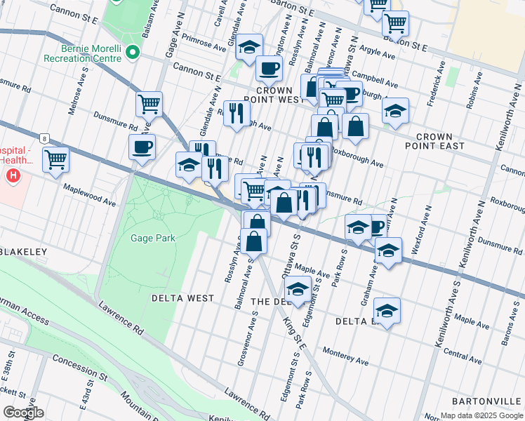 map of restaurants, bars, coffee shops, grocery stores, and more near 1125 Main Street East in Hamilton