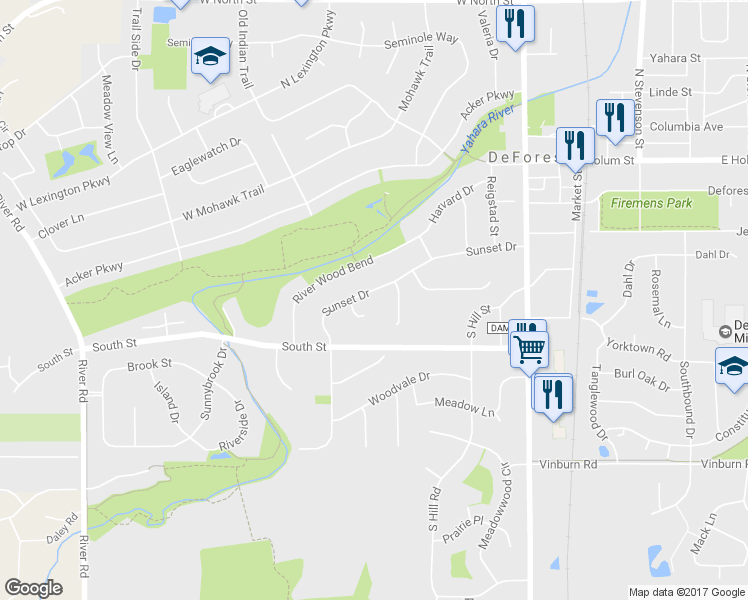 map of restaurants, bars, coffee shops, grocery stores, and more near 433 Sunset Dr in DeForest