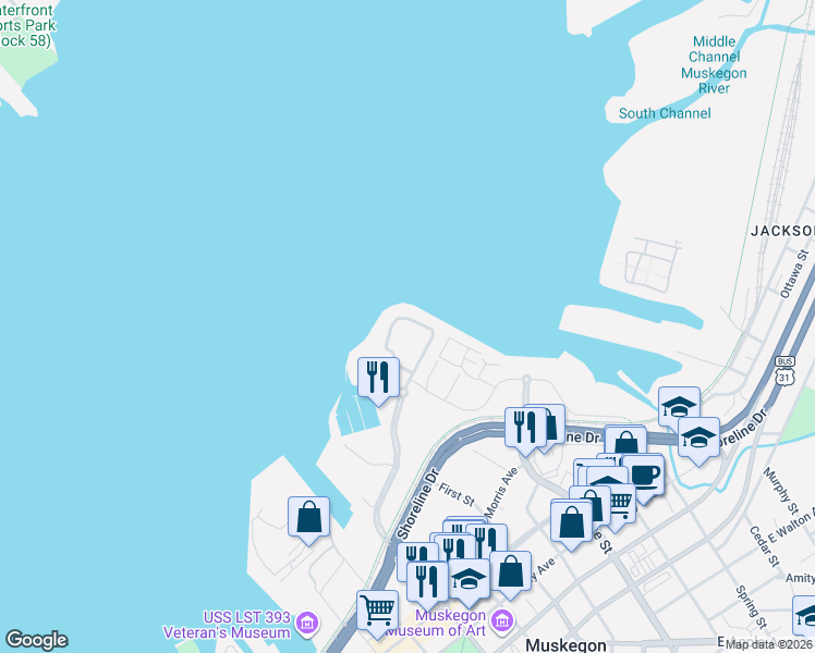 map of restaurants, bars, coffee shops, grocery stores, and more near 314 Terrace Point Circle in Muskegon