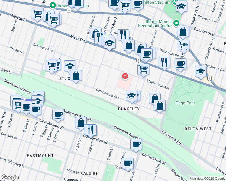 map of restaurants, bars, coffee shops, grocery stores, and more near 78 Norway Avenue in Hamilton