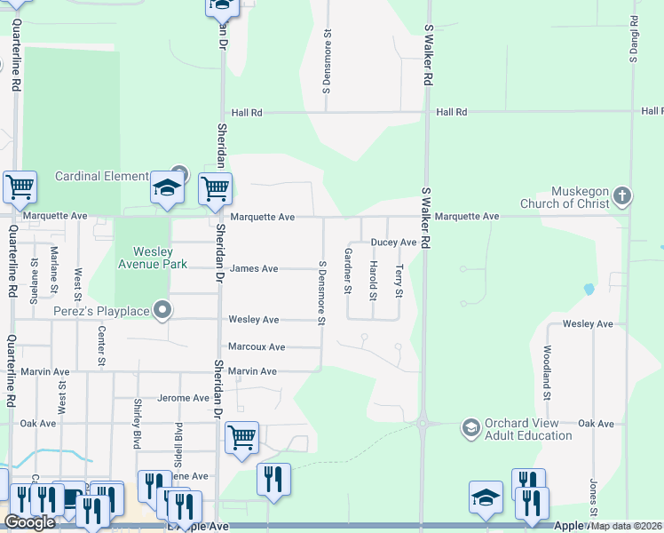 map of restaurants, bars, coffee shops, grocery stores, and more near 489 Gardner Street in Muskegon