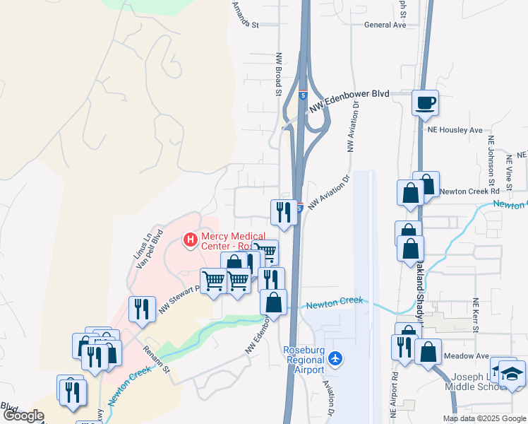 map of restaurants, bars, coffee shops, grocery stores, and more near 1066 Northwest Plateau Drive in Roseburg