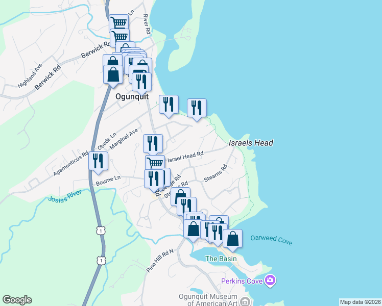 map of restaurants, bars, coffee shops, grocery stores, and more near 77 Israel Head Road in Ogunquit