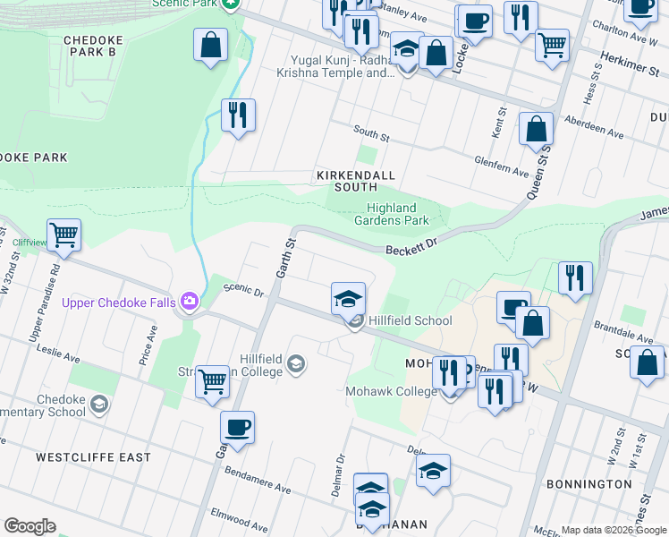 map of restaurants, bars, coffee shops, grocery stores, and more near in Hamilton