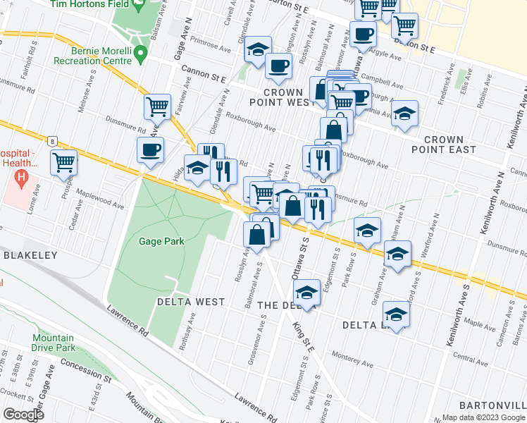map of restaurants, bars, coffee shops, grocery stores, and more near 1127 Main Street East in Hamilton