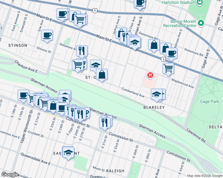 map of restaurants, bars, coffee shops, grocery stores, and more near 254 Saint Clair Boulevard in Hamilton