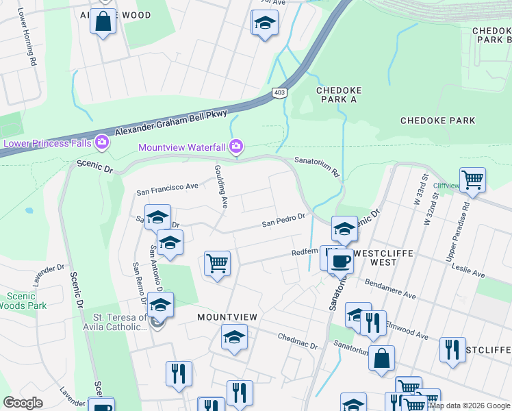 map of restaurants, bars, coffee shops, grocery stores, and more near 12 San Marino Crescent in Hamilton