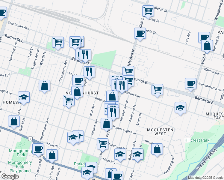 map of restaurants, bars, coffee shops, grocery stores, and more near 243 Glennie Avenue in Hamilton