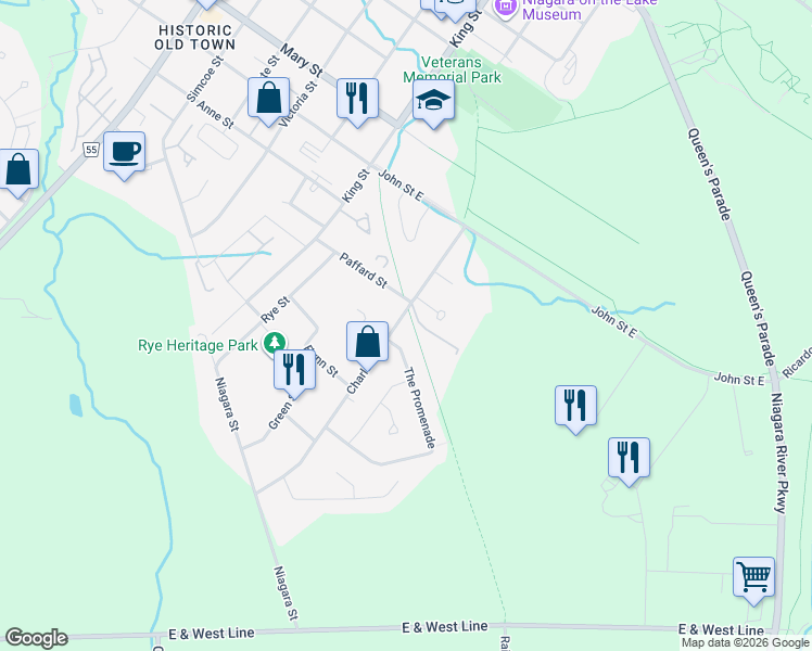 map of restaurants, bars, coffee shops, grocery stores, and more near 602 Charlotte Street in Niagara-on-the-Lake