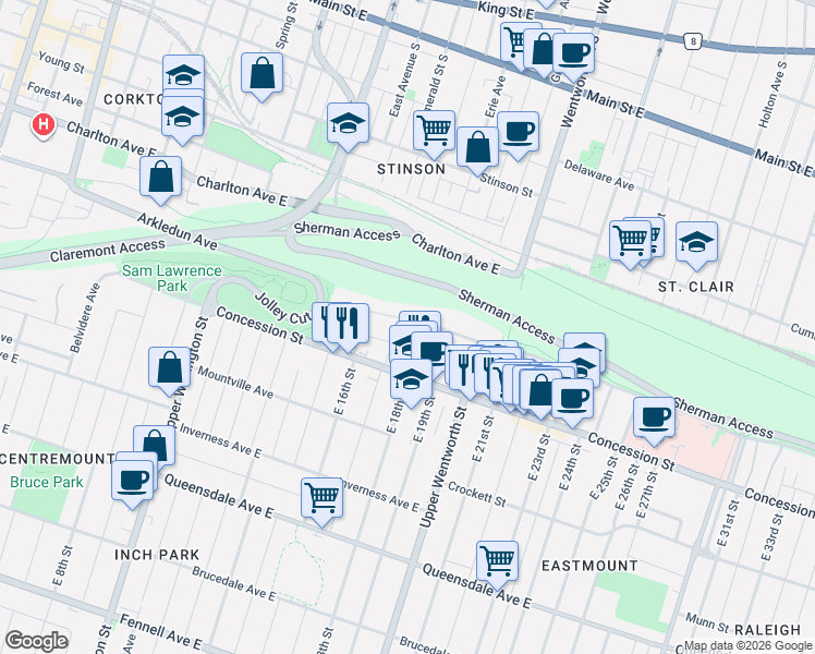 map of restaurants, bars, coffee shops, grocery stores, and more near 72 Mountain Park Avenue in Hamilton