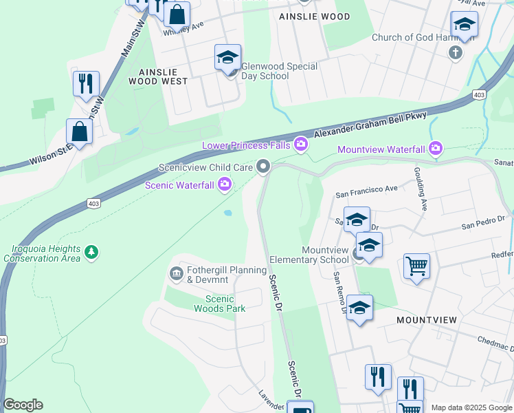 map of restaurants, bars, coffee shops, grocery stores, and more near 1238 Scenic Drive in Hamilton