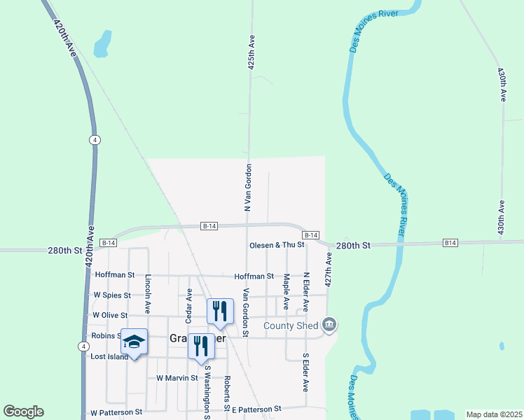 map of restaurants, bars, coffee shops, grocery stores, and more near 603 North Walnut Avenue in Graettinger