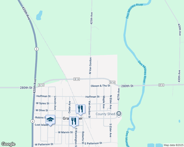 map of restaurants, bars, coffee shops, grocery stores, and more near 602 North Van Gordon Avenue in Graettinger
