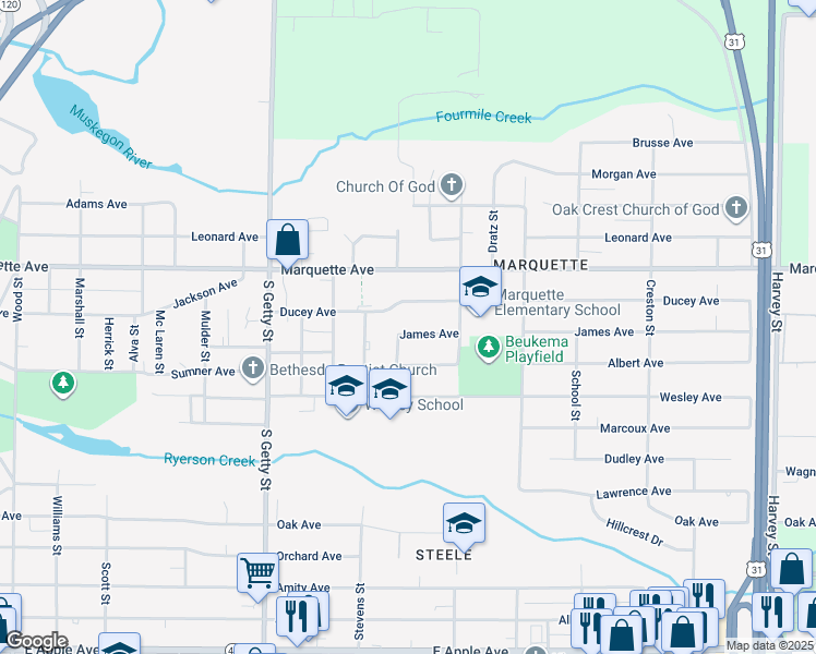map of restaurants, bars, coffee shops, grocery stores, and more near 1018 James Avenue in Muskegon
