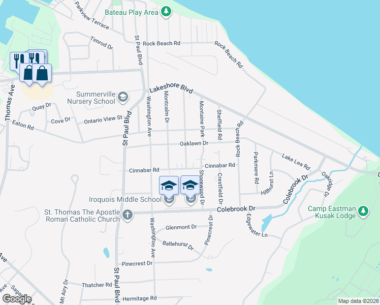 map of restaurants, bars, coffee shops, grocery stores, and more near 44 Frontenac Heights in Irondequoit
