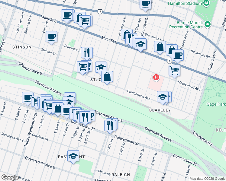 map of restaurants, bars, coffee shops, grocery stores, and more near 254 Saint Clair Boulevard in Hamilton