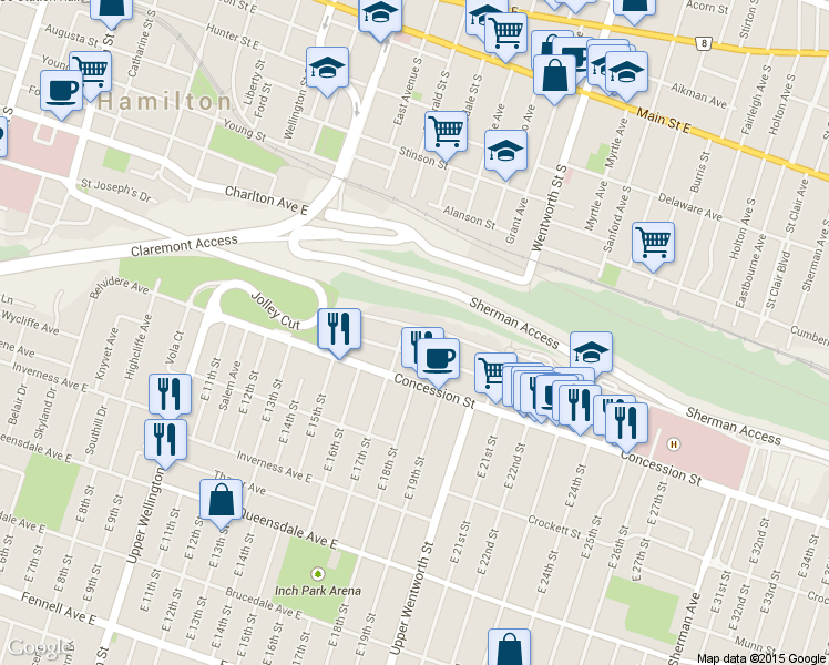 map of restaurants, bars, coffee shops, grocery stores, and more near 72 Mountain Park Avenue in Hamilton
